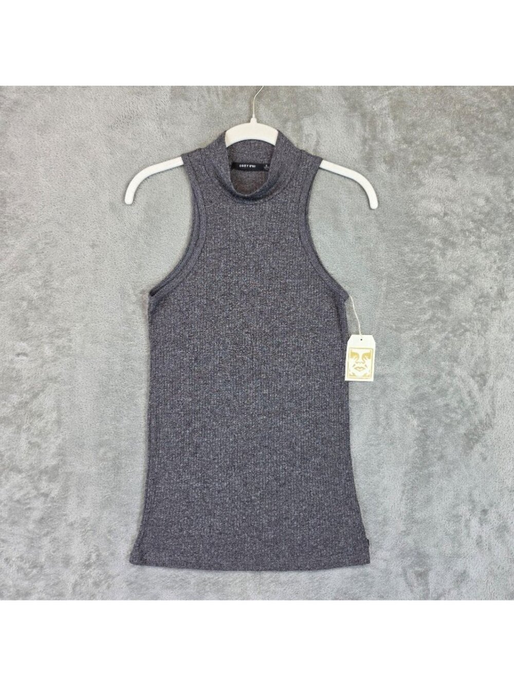 Obey Tank Top Womens S Gray Mock Neck Sleeveless Ribbed Knit Stretch Basic